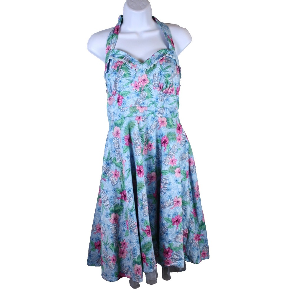 Hot Topic Blue Floral Tiki Swing Dress Large Pink Retro Pinup Rockabilly Halter